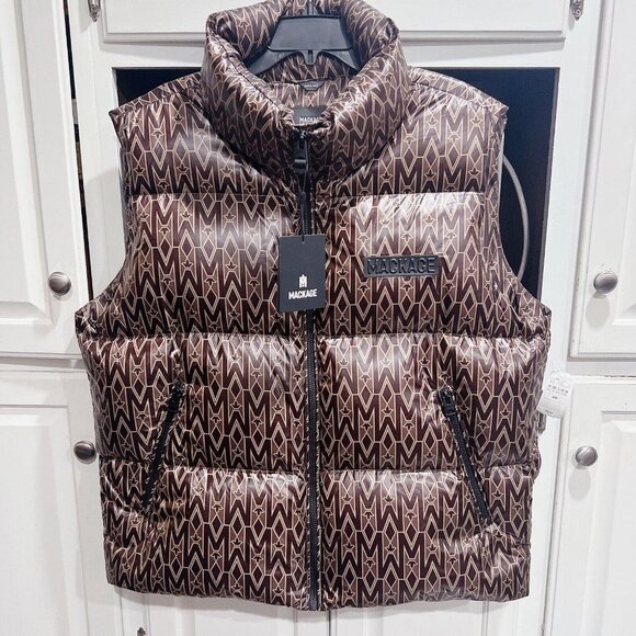 Mackage Coffee Kane MG Logo Monogram Print Quilted 800 Down Vest Mens Size 44 - Picture 2 of 8